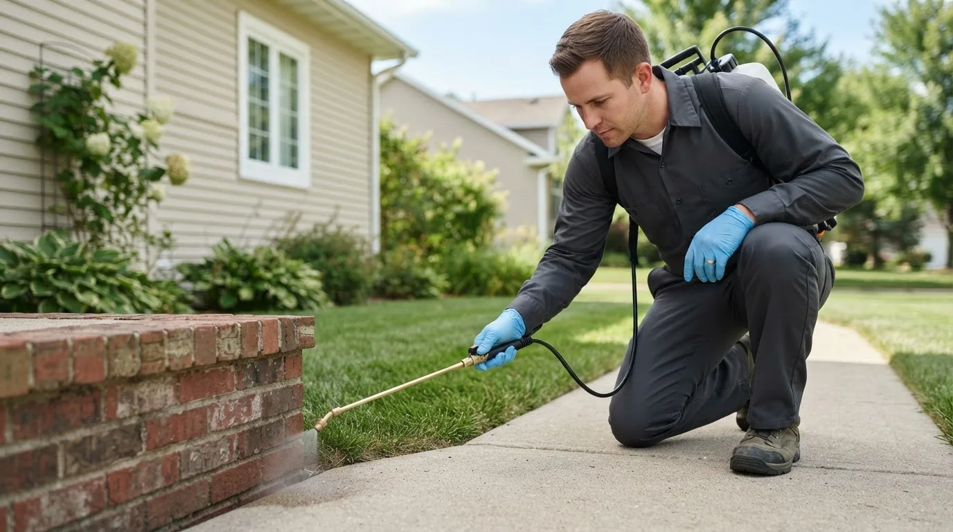 Pest control technician treating a home near Gove, KS