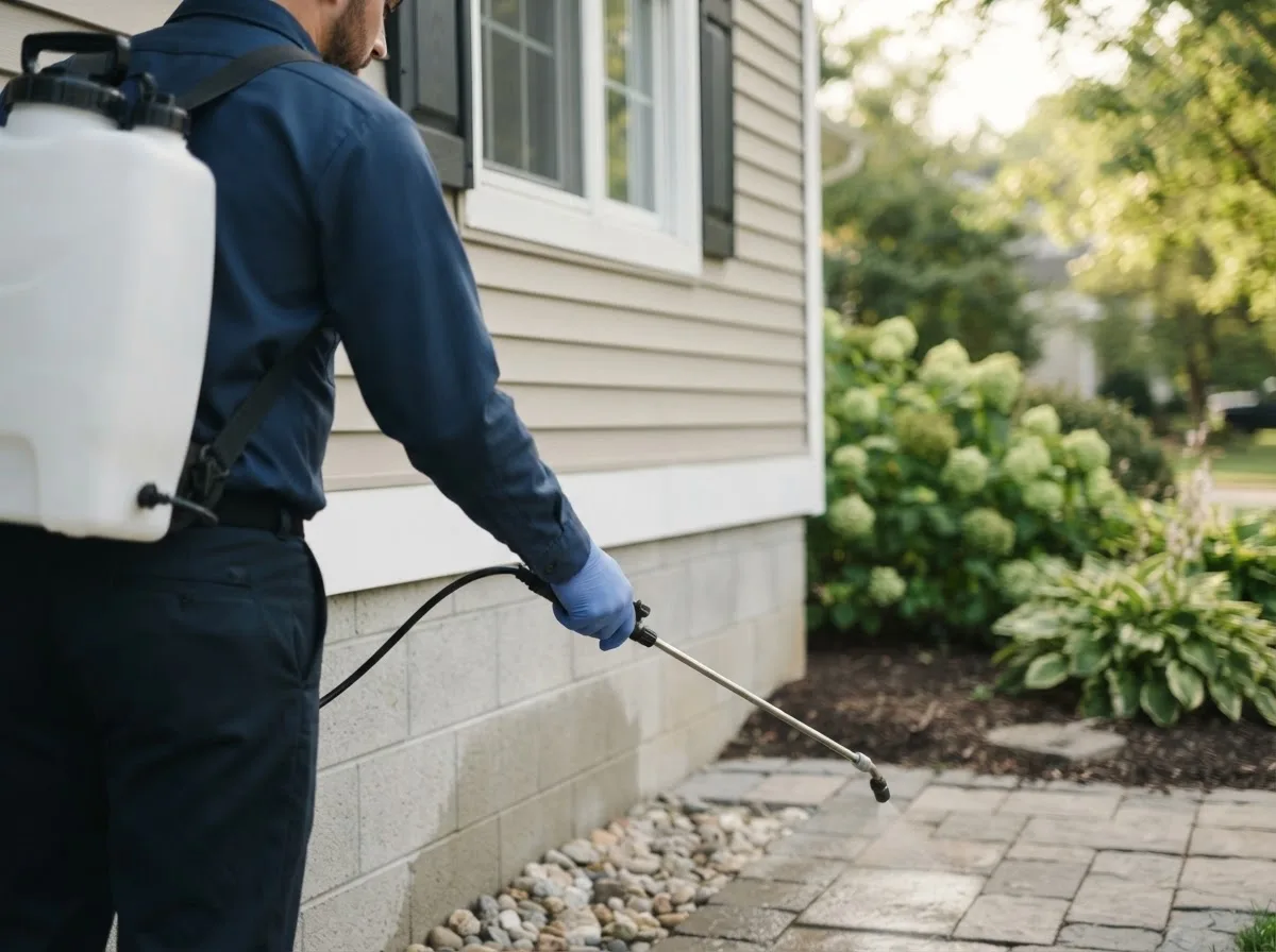 Pest control technician inspecting a home in Gove, KS